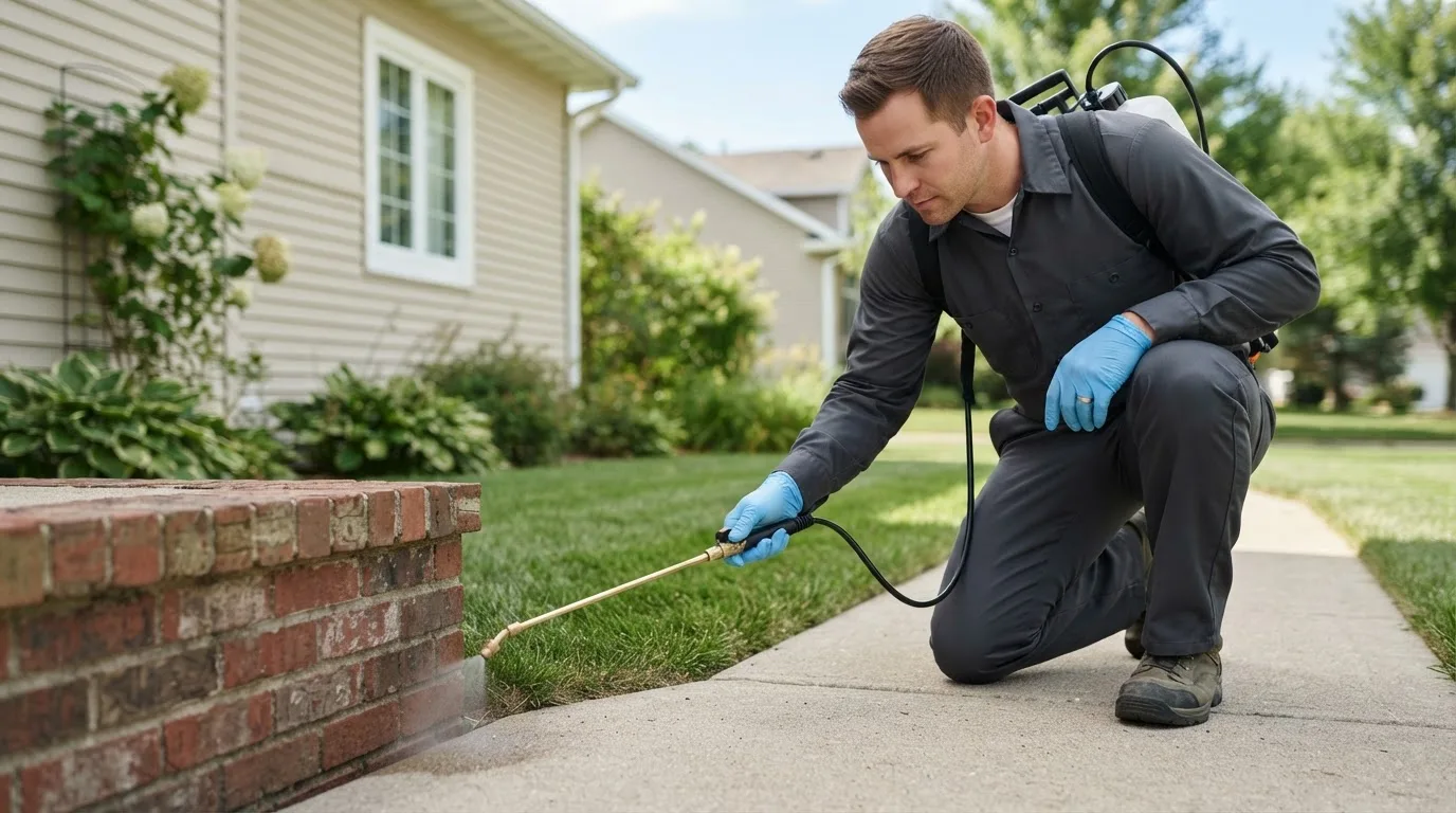 Pest control technician treating a home near Helm, CA